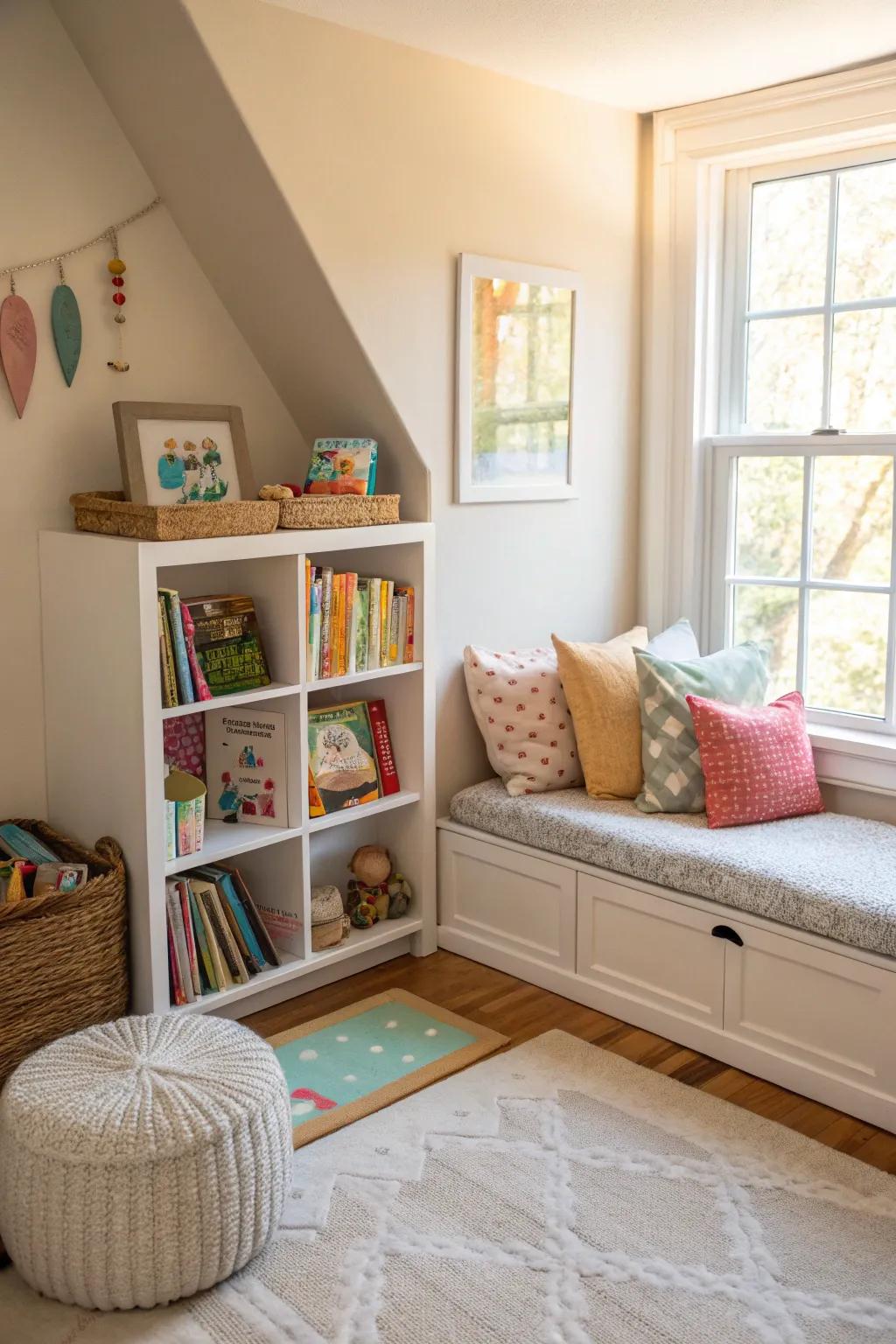 An inviting literary alcove that encourages young readers to discover.
