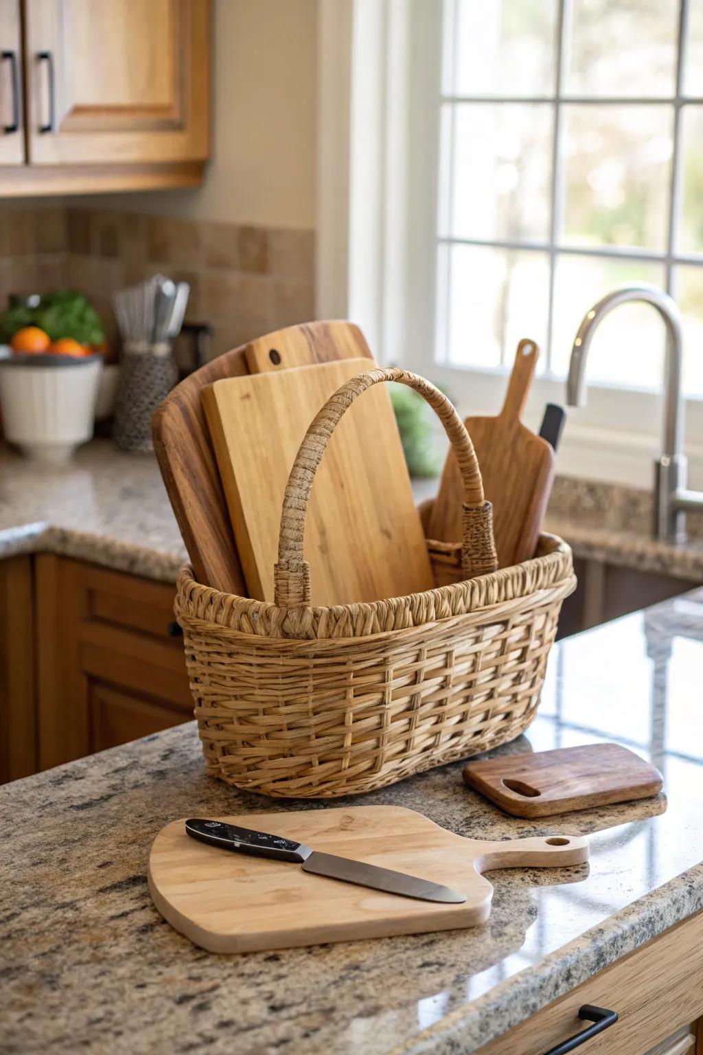 A basket filled with surfaces introduces texture and warmth to the kitchen.