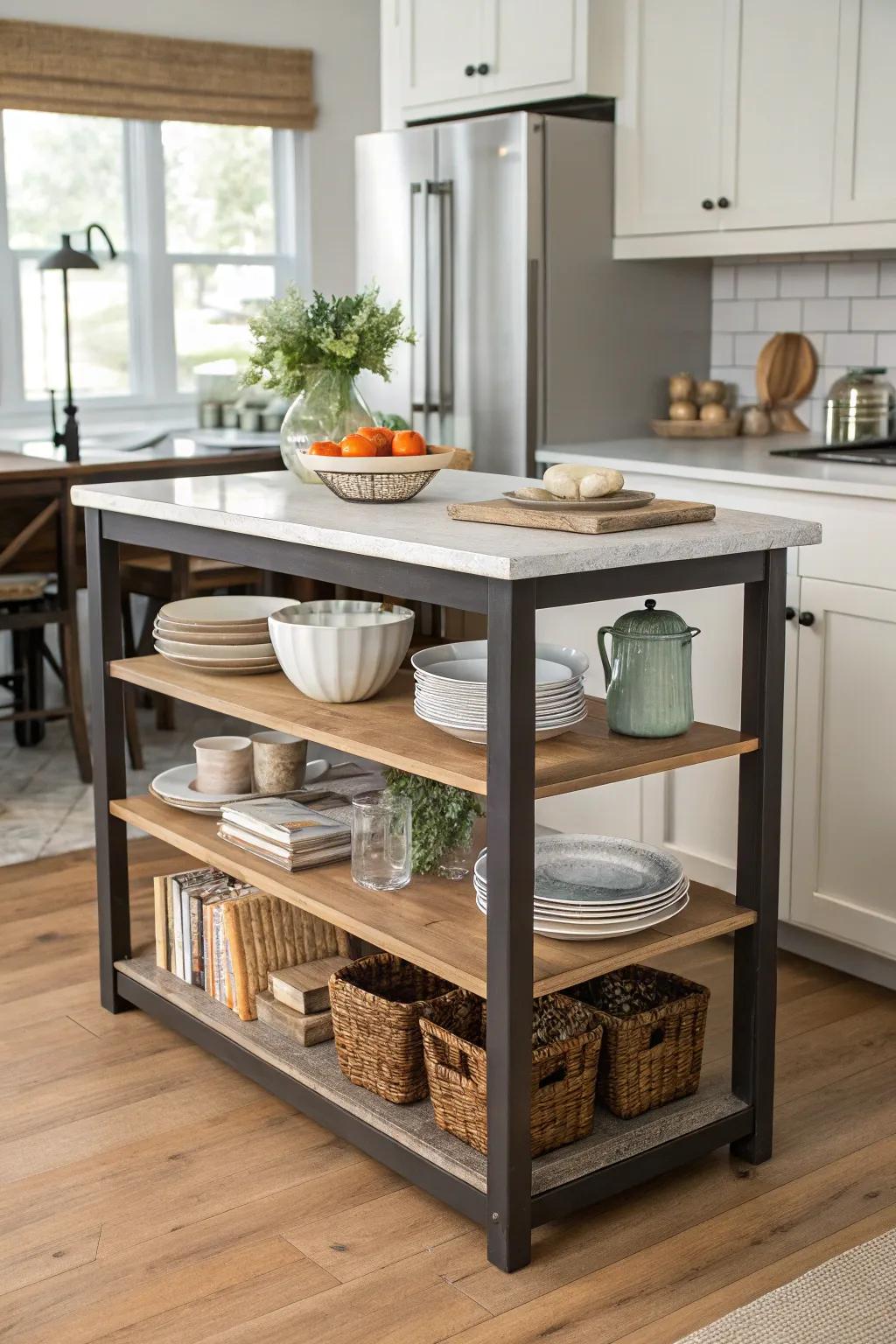 Open shelving introduces functionality and style to a kitchen island.