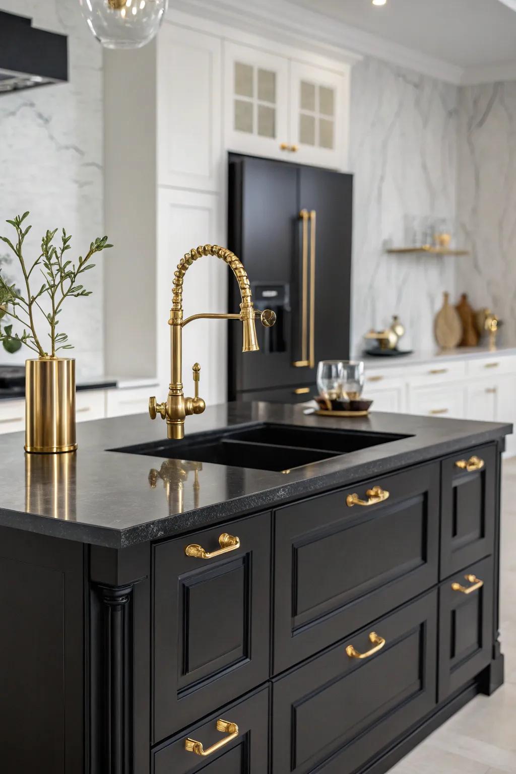 A luxurious kitchen island exuding elegance with dark and gold tones.