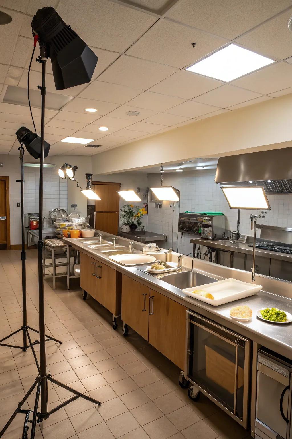 Task lighting strategically placed ensures practicality in key kitchen areas.