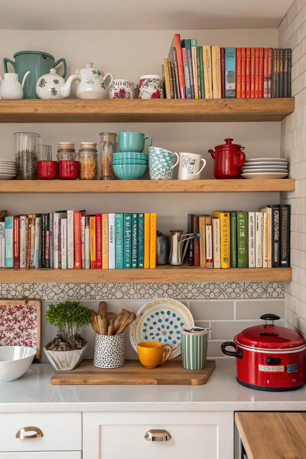 Recipe books on exhibit for effortless retrieval.