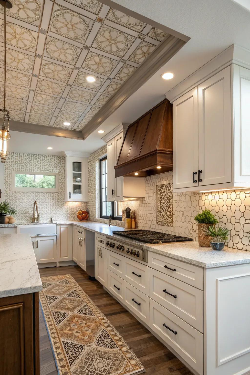 A soffit with tiles that match creates a unified and fashionable kitchen.