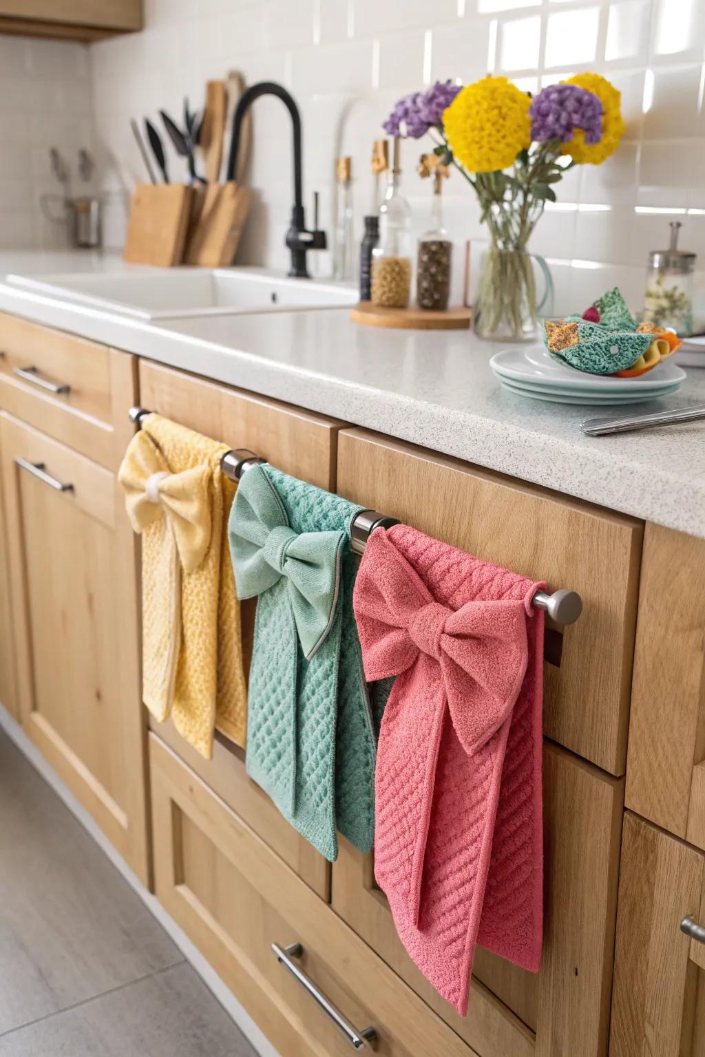 Cloth ties add whimsy and charm to cooking space decor.