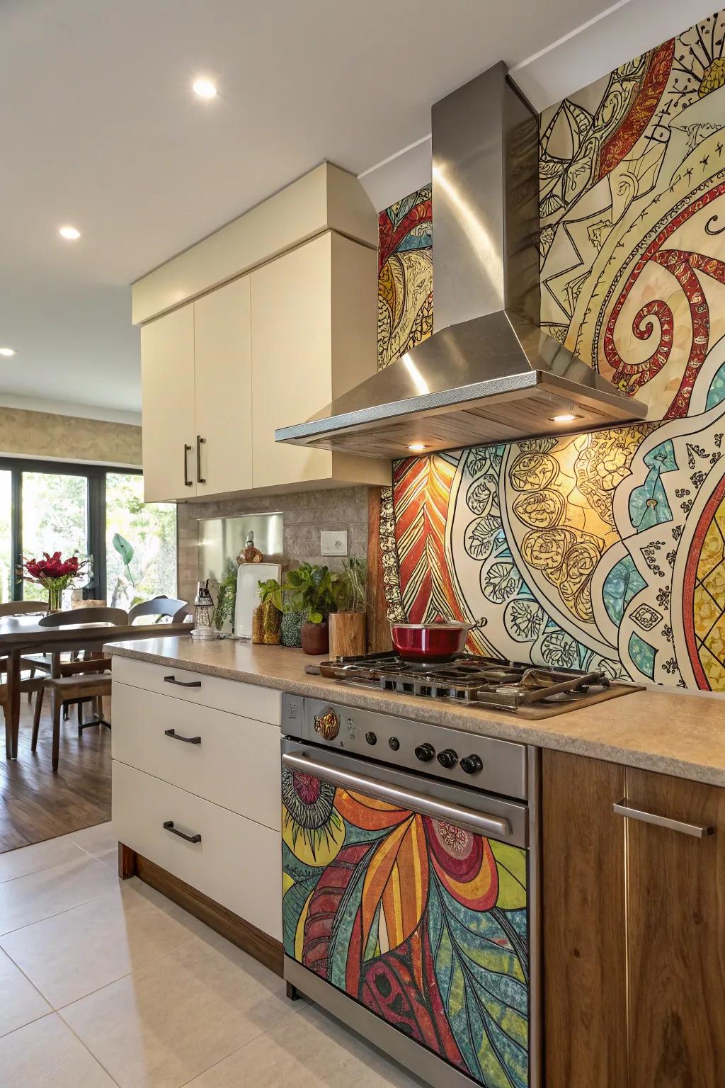 An artful splashback in a kitchen, introducing unique style and practicality.