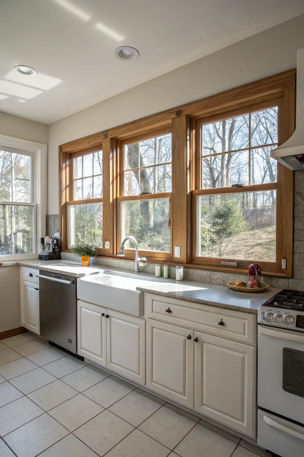 A kitchen showcasing adaptable dual-sash windows.