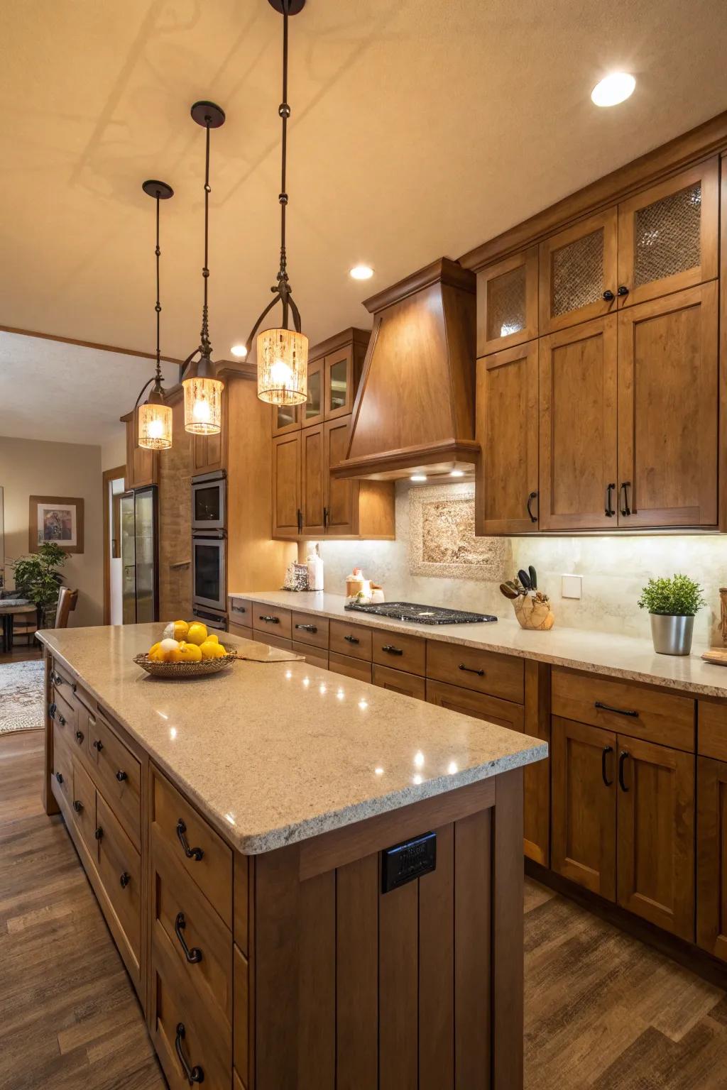 Thermally inclined quartz worktops manifesting a snug ambiance.