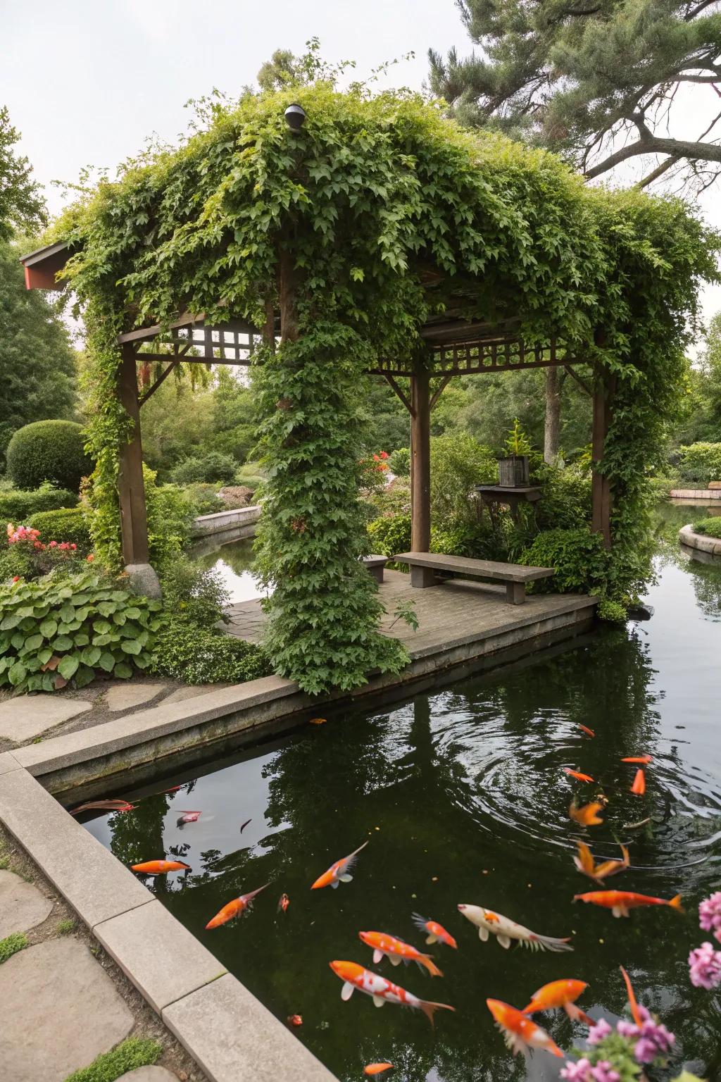 A koi pond shaded by an arbor covered in lush vining flora.