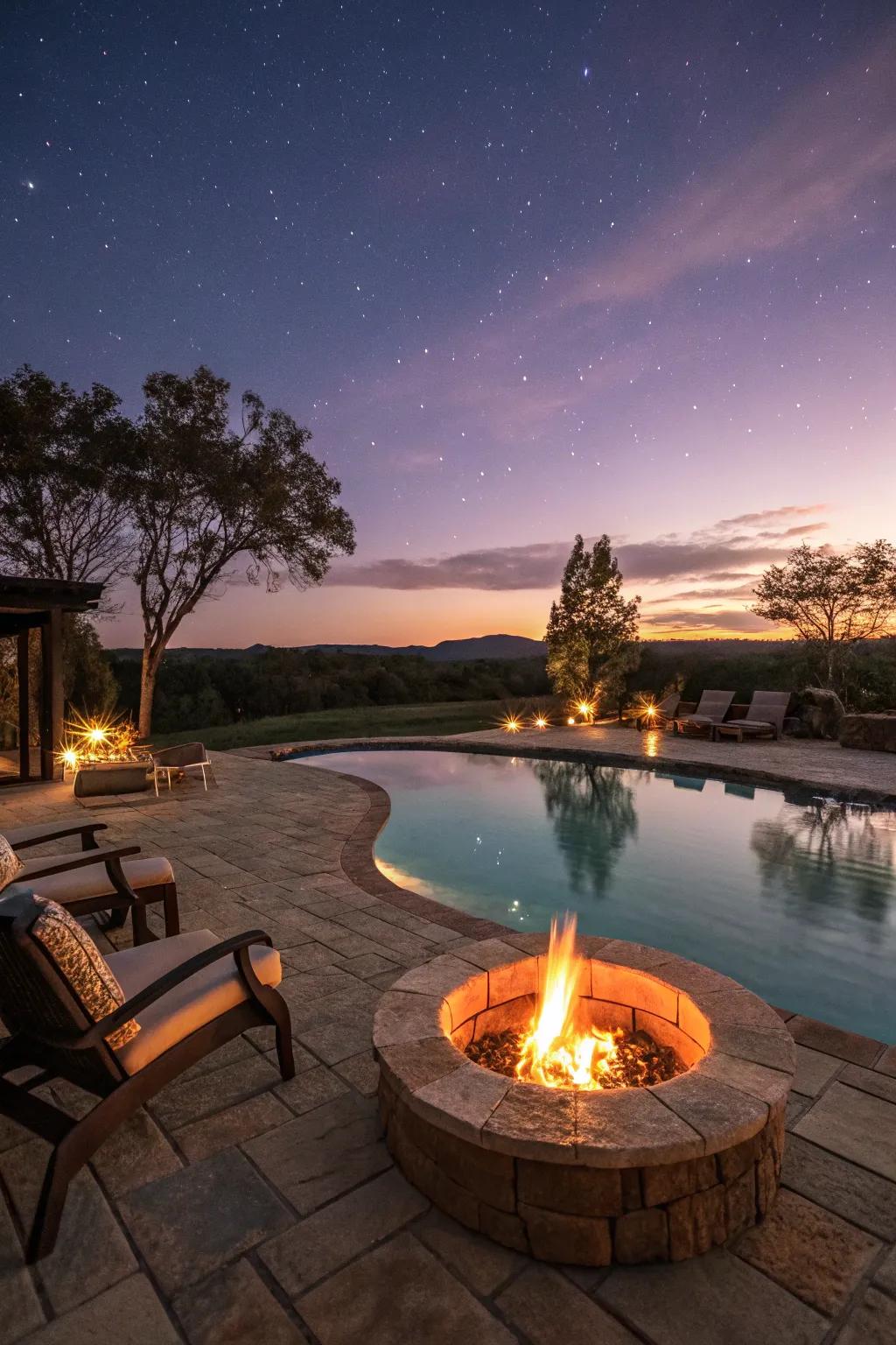 Fire pits contribute warmth and ambiance to lagoon pool areas.