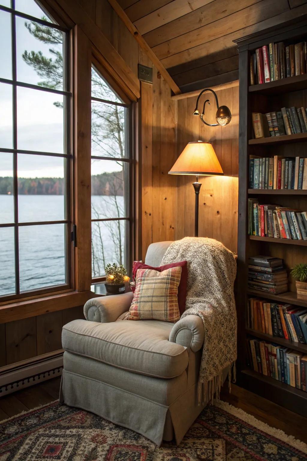 A snug perusing alcove is suited for unwinding.