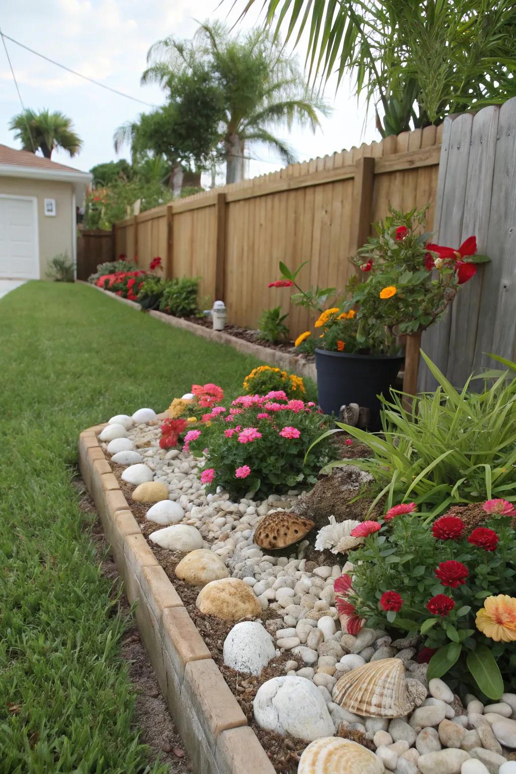 Seashell edging adds a whimsical coastal appeal to your garden area.