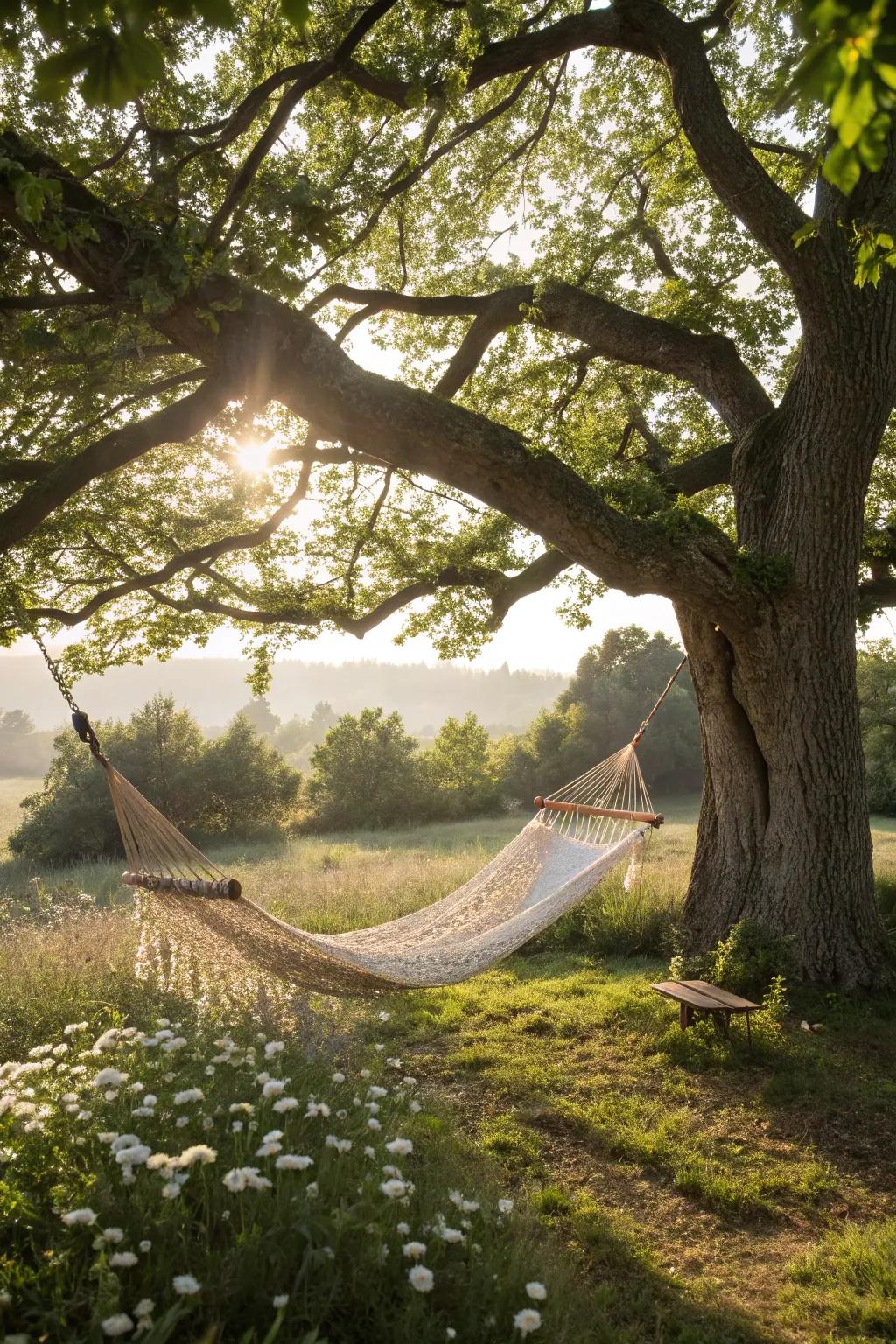 A tranquil corner beneath a tree excels for relaxation and contemplation.