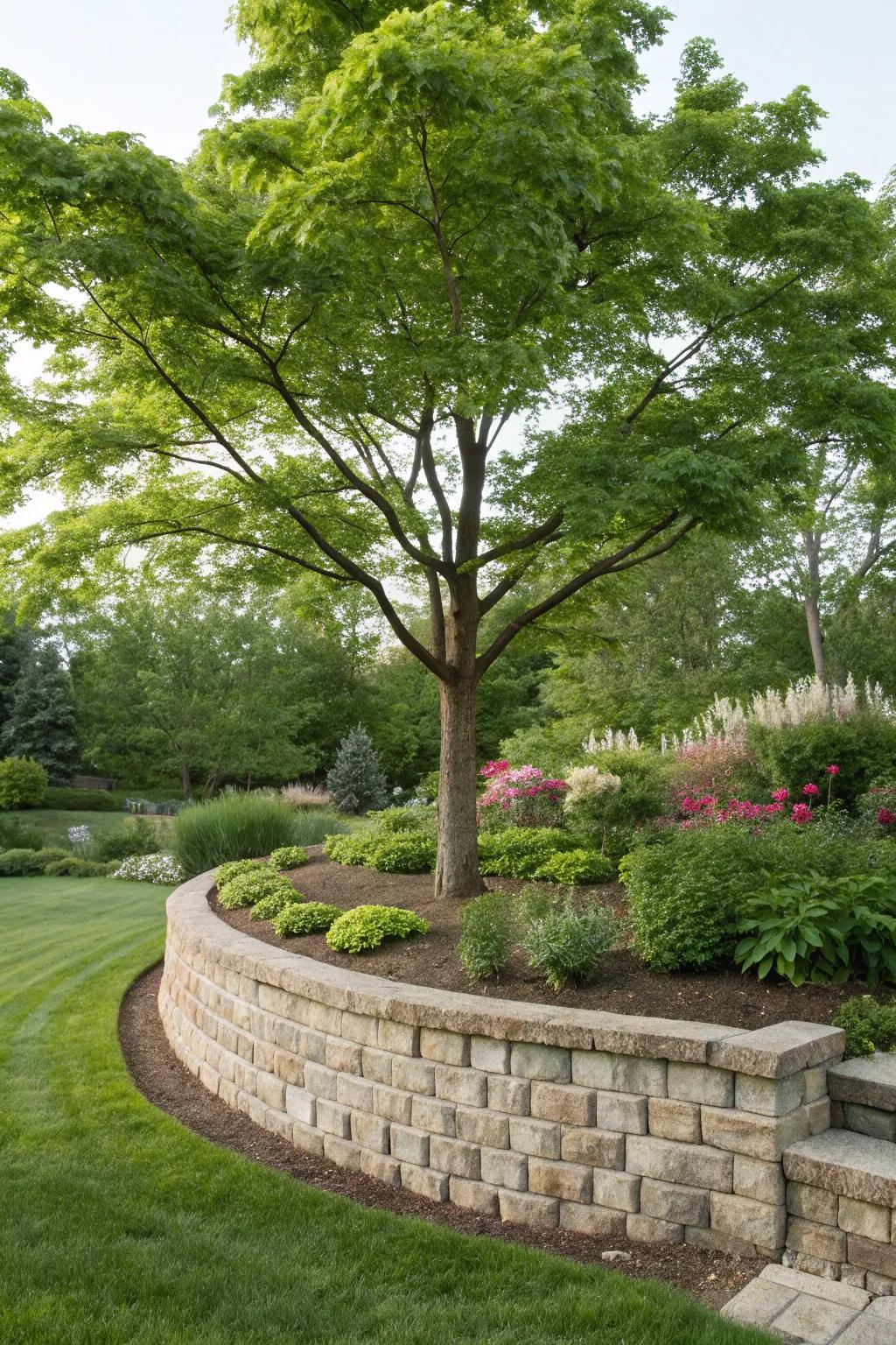 A tree accented by a supporting wall, adding structure and style.
