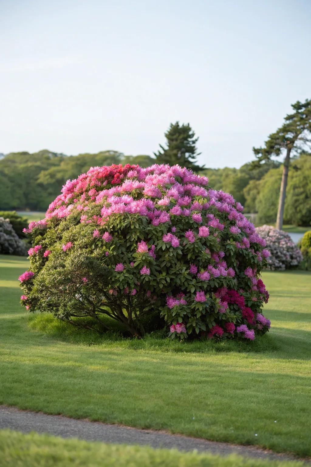 An impressive rhododendron outpost at the epicenter of a lawn.