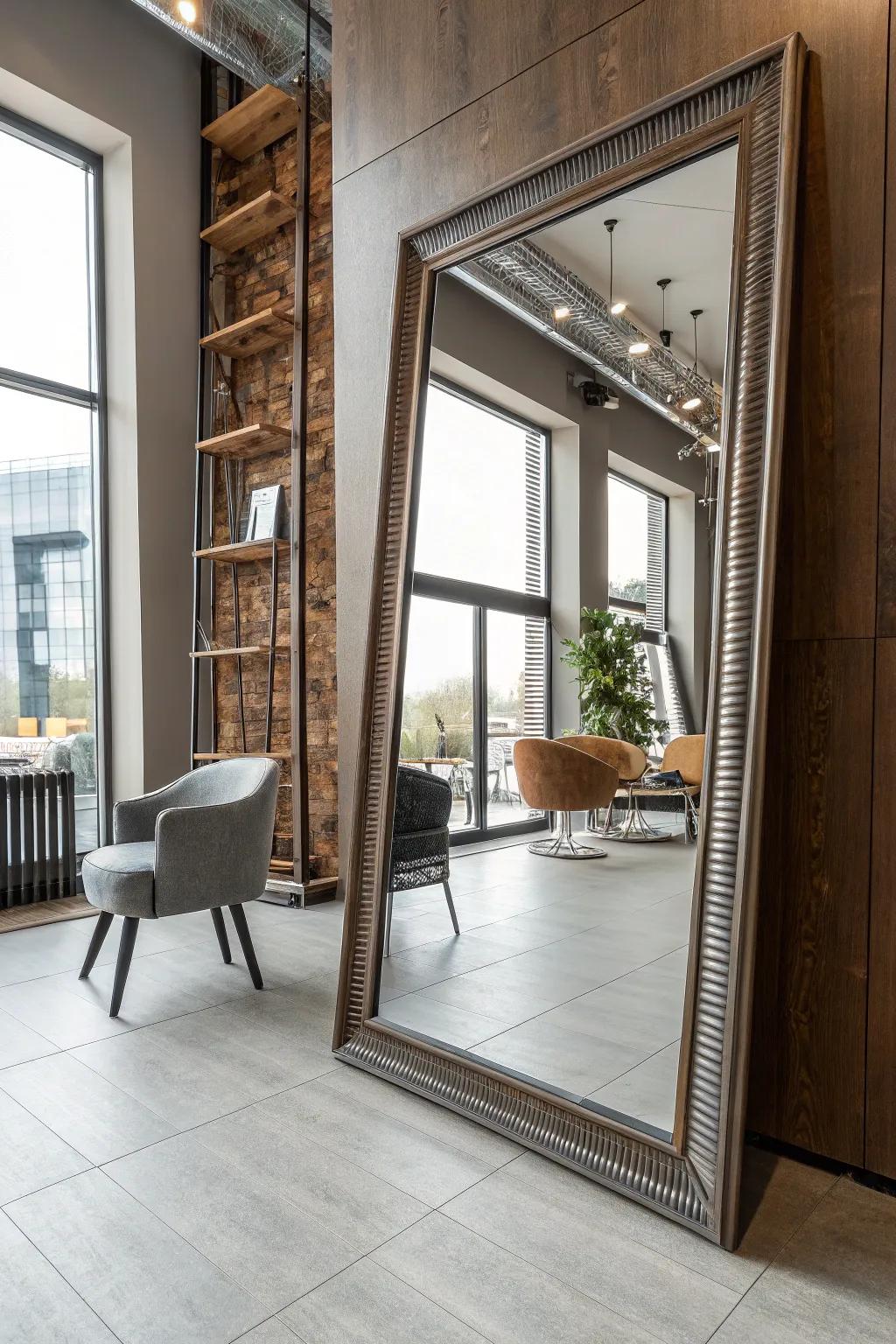 A low-spotted mirror offers a unique and stylish design element.