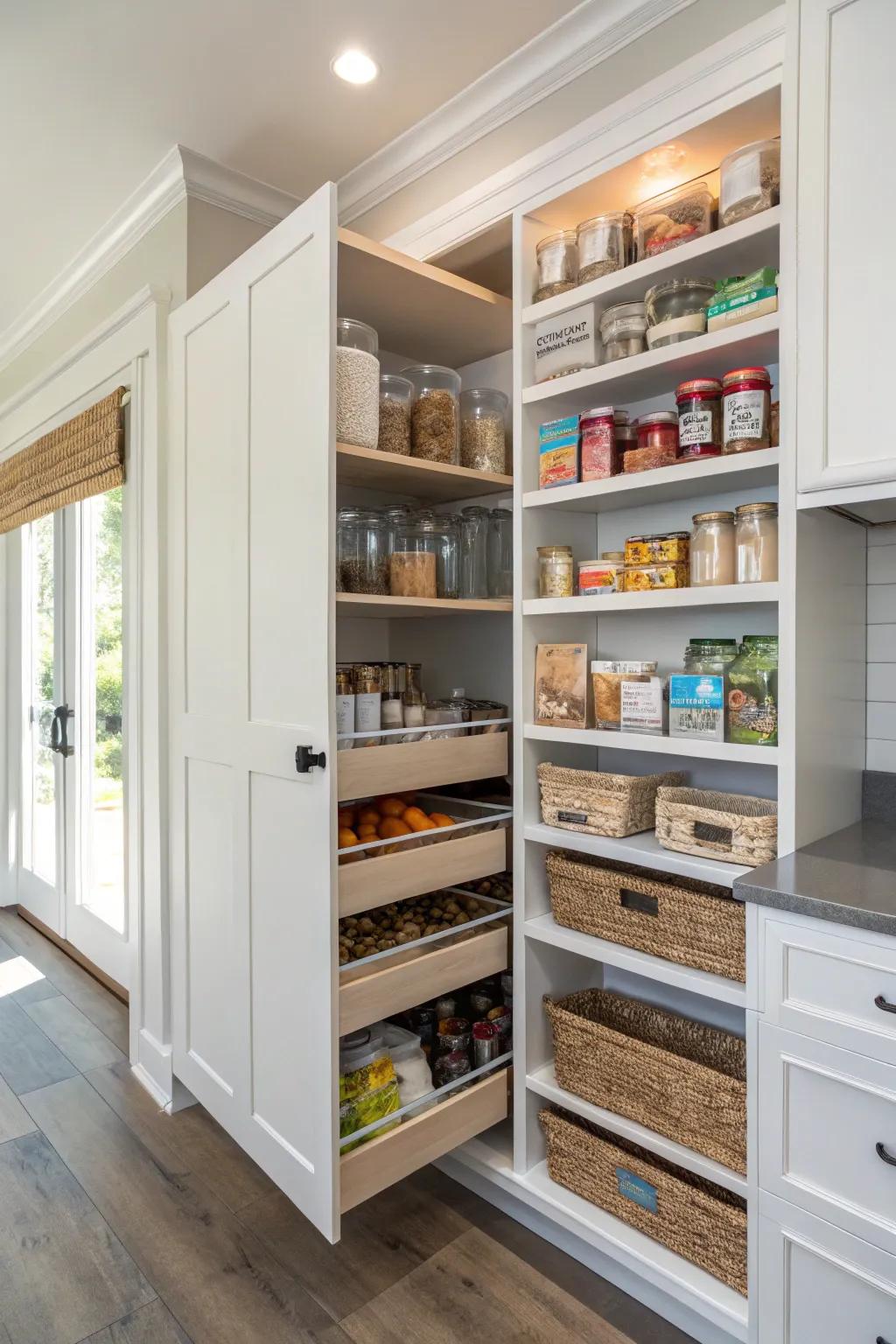 Concealed storage sustains a tidy and clutter-free pantry.
