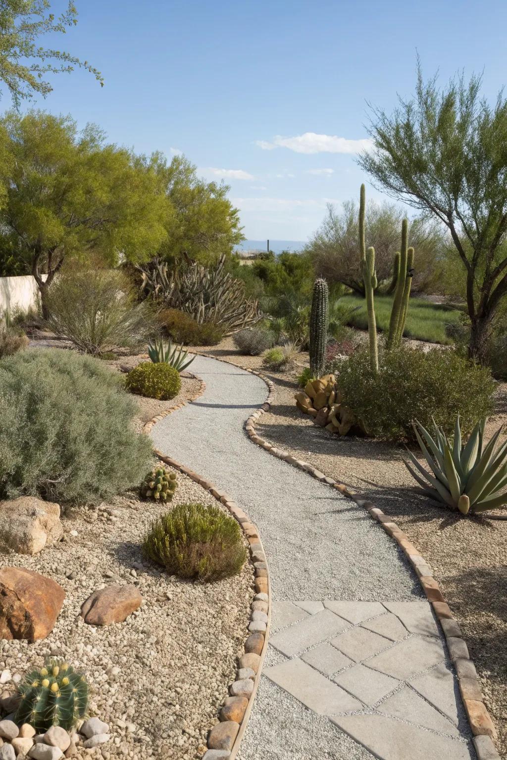 Pebble pathways in a Las Vegas backyard complemented by xeriscaping.