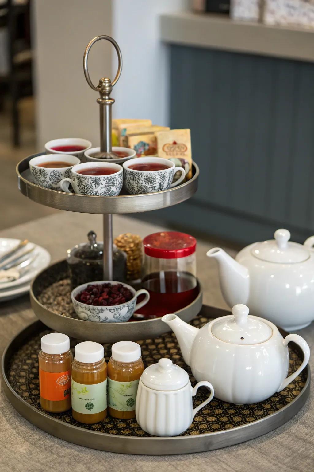 An exquisite tea arrangement using a spinning organizer, perfect for a refined tea gathering.