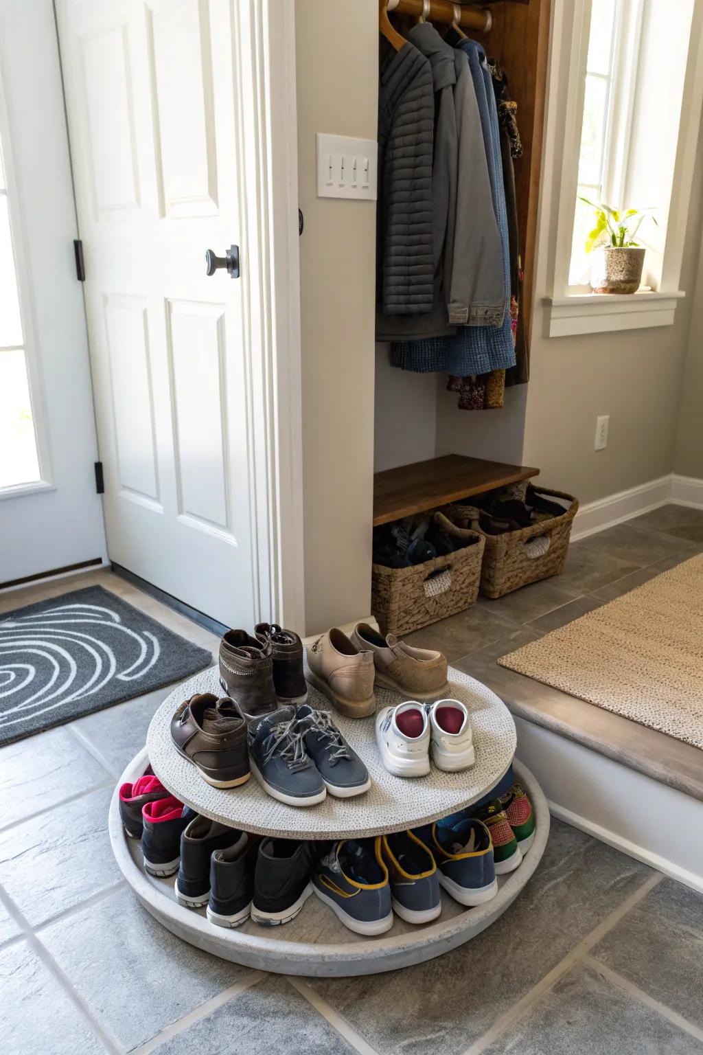 A Lazy Susan shoe organizer is a great way to arrange your entryway.