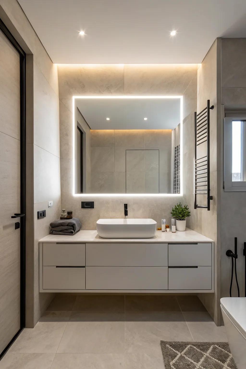 A minimalist bathroom with a frameless illuminated mirror that emphasizes simplicity.