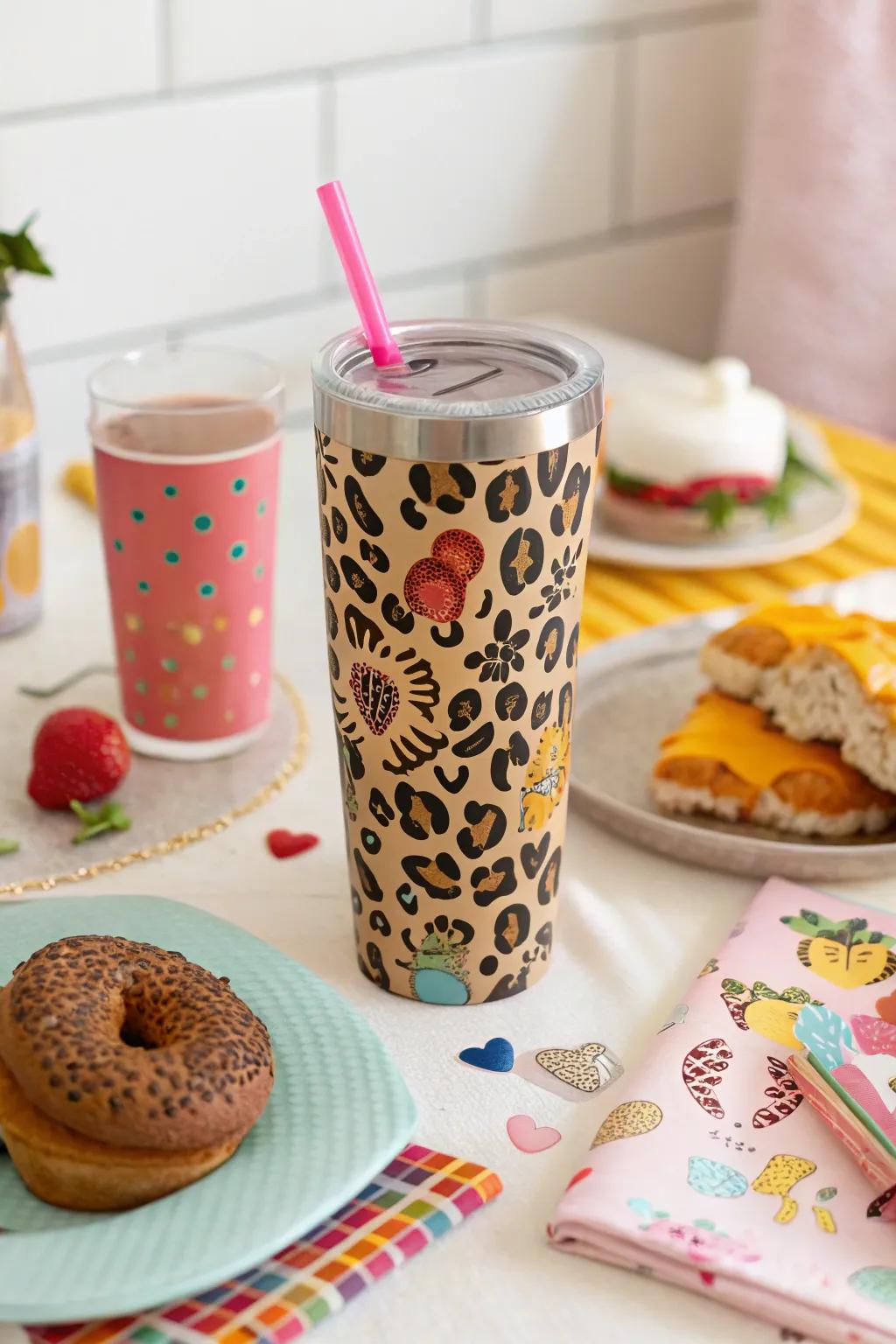 A playful wildcat motif tumbler that appends whimsy to your morning.