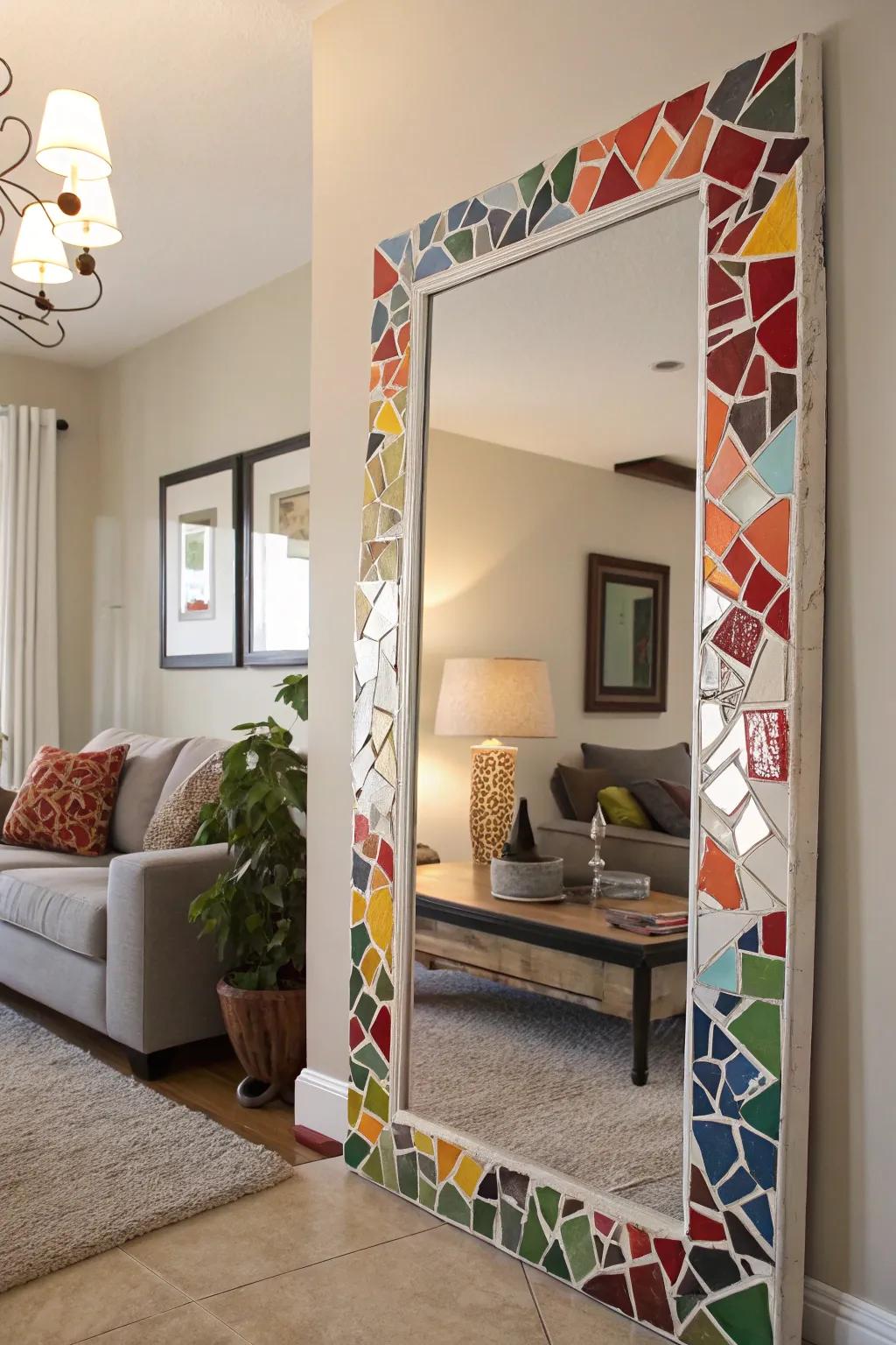A repurposed mirror frame crafted from plate pieces, infusing character into a room.