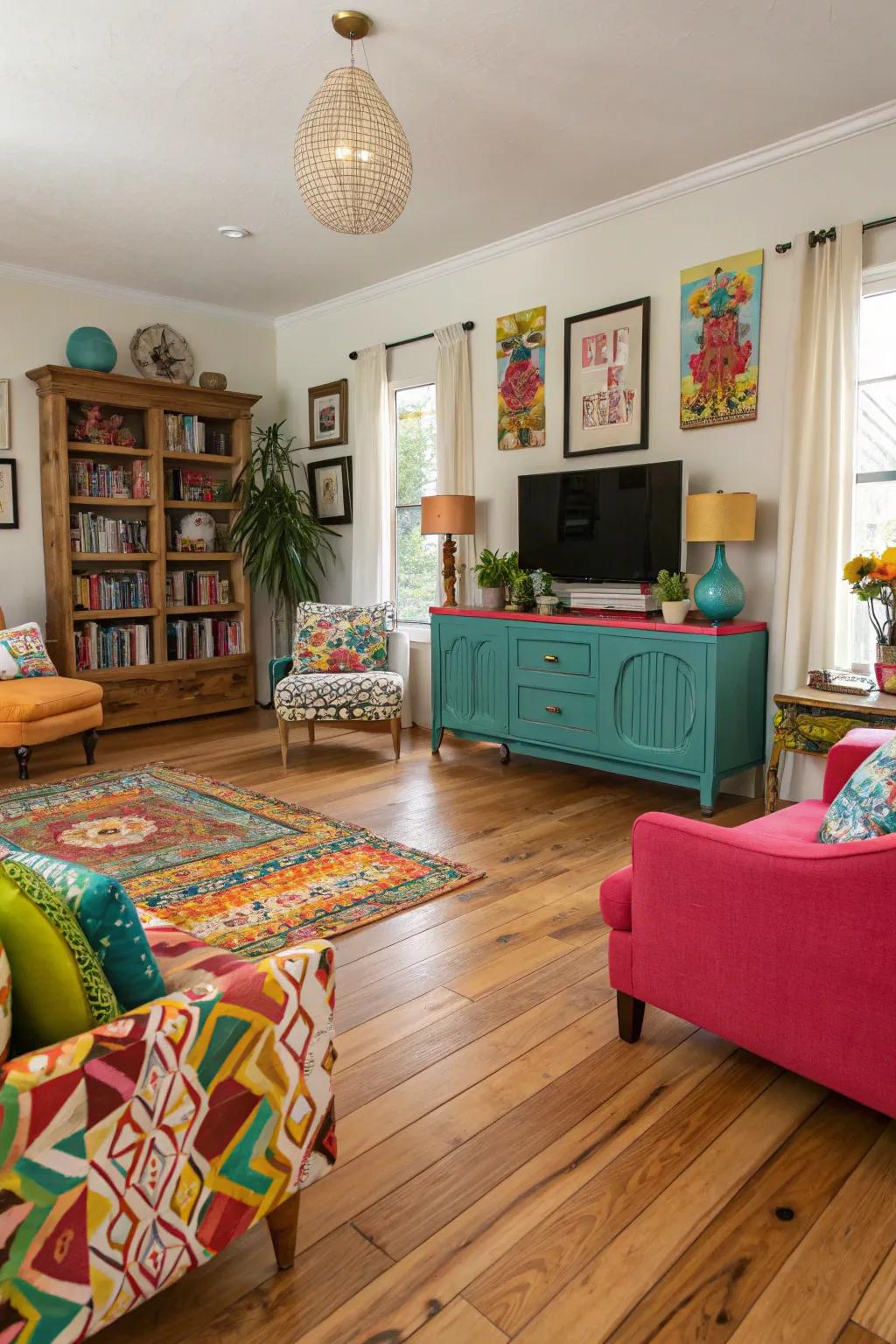 Natural pecan flooring contributes unique flair to this vibrant living space.