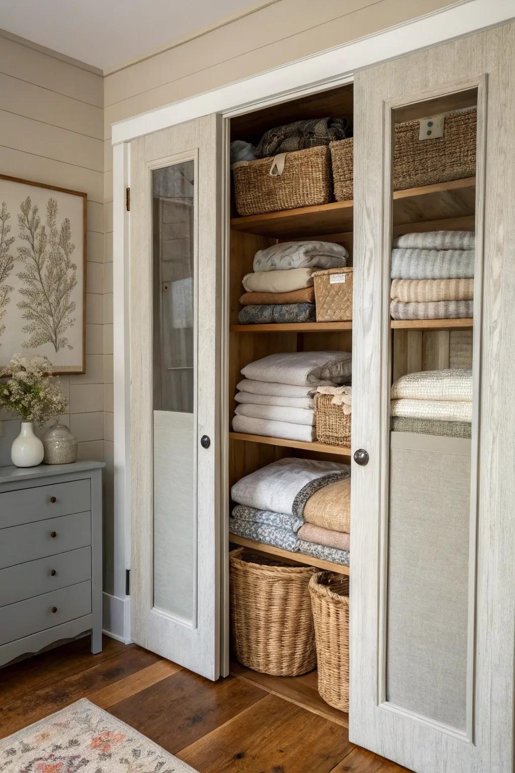 Material canvases append warmth and texture to a linen closet.