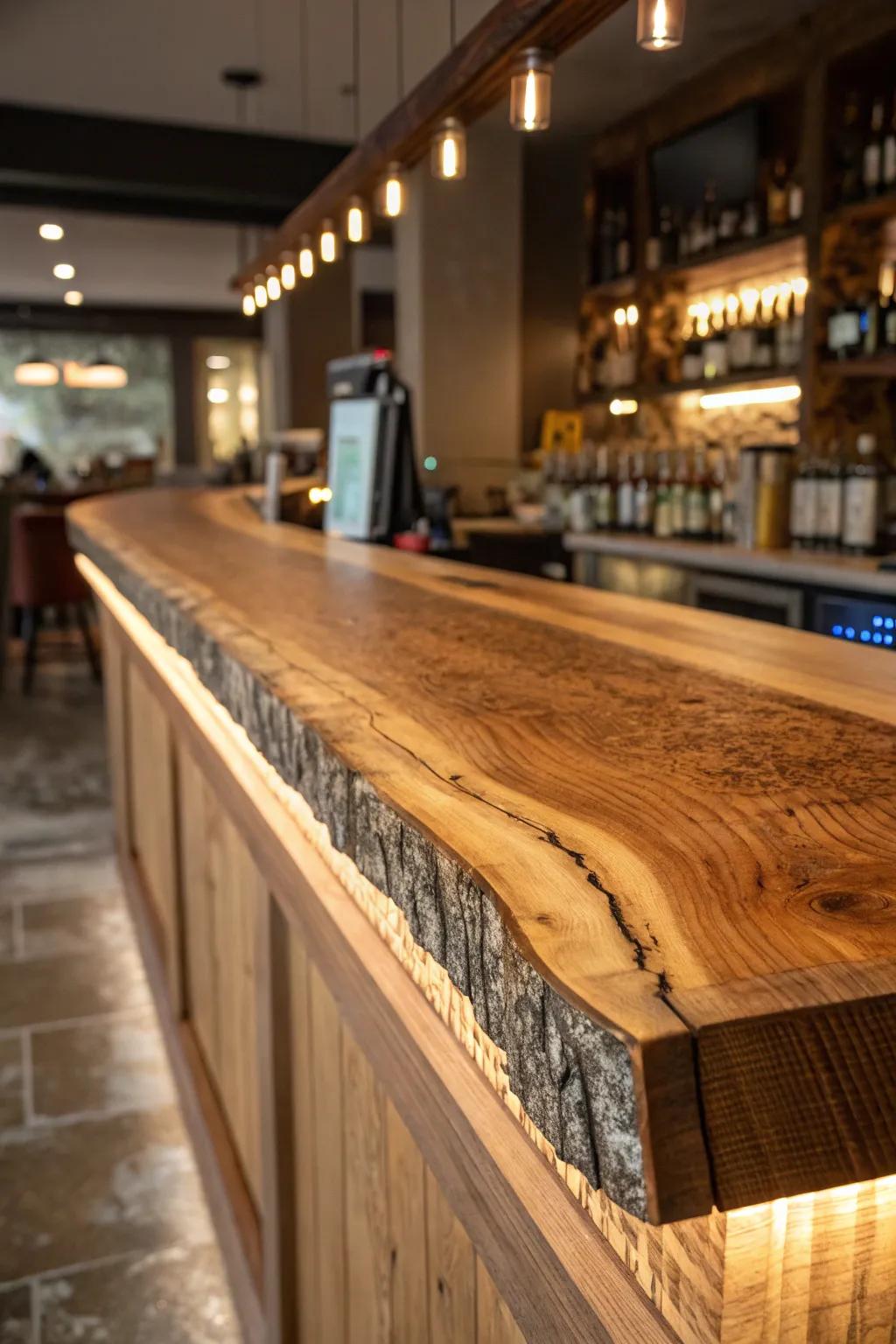 A detailed view of a natural-edge bar with a highlighted border, showcasing its natural charm.