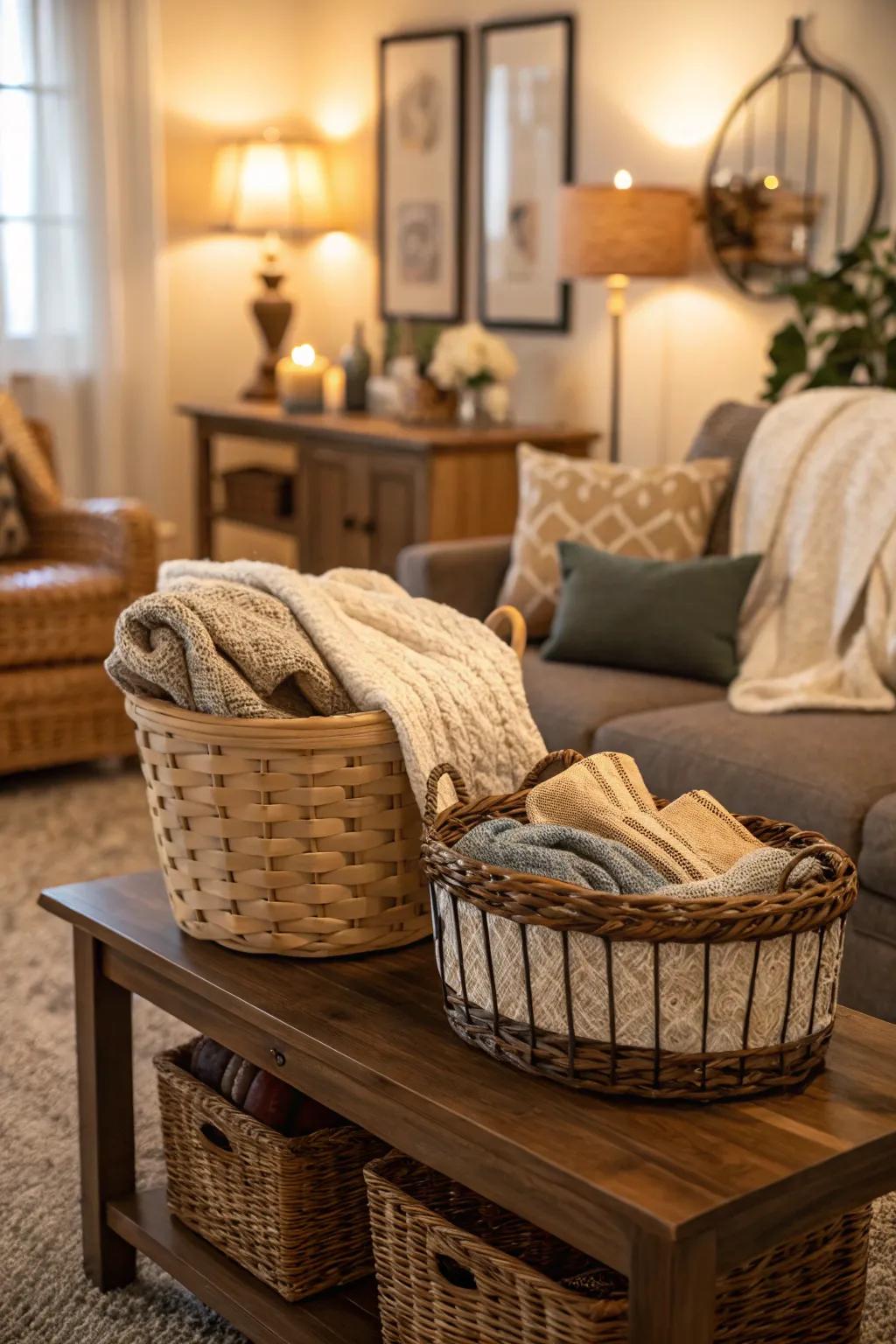 Woven baskets filled with throws add texture and cozy functionality.