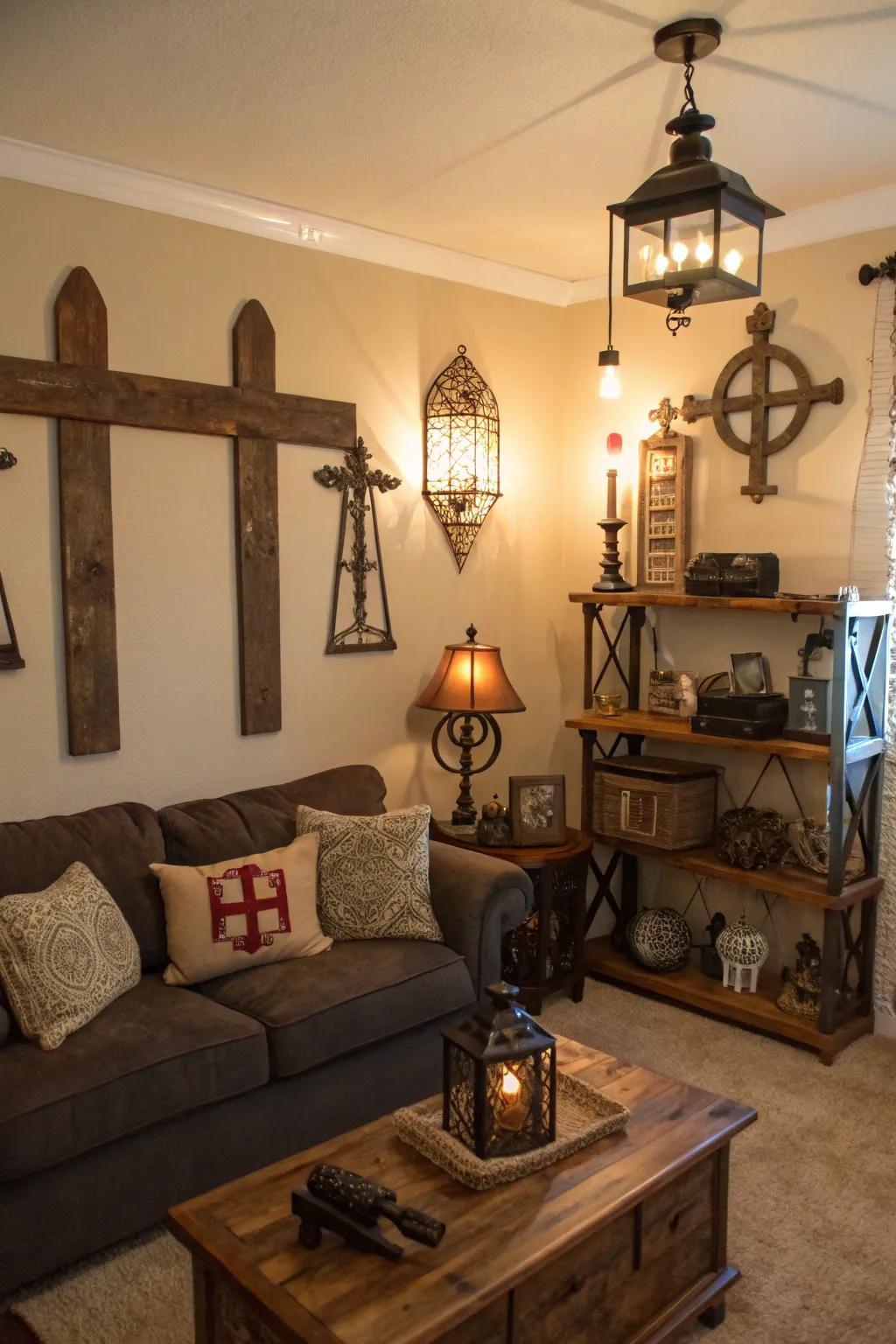 Cross-accents add intrigue and character to the decor.