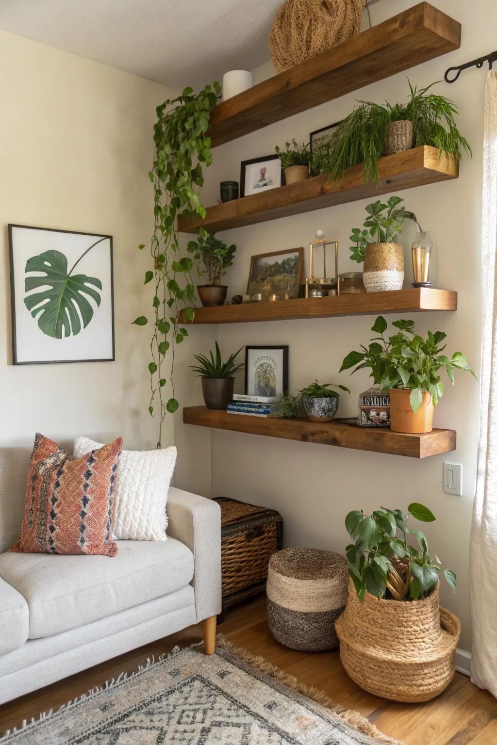 Accommodate corners utilizing floating shelves intended for annexed capacity.