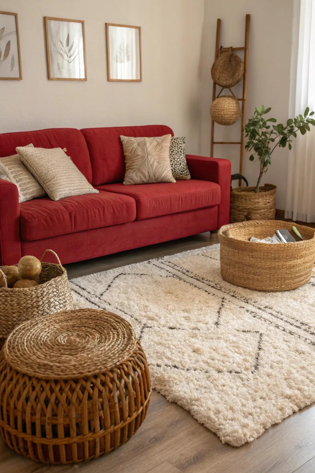 Textured elements infuse depth and interest, equilibrating the elegant aesthetic of a ruby settee.