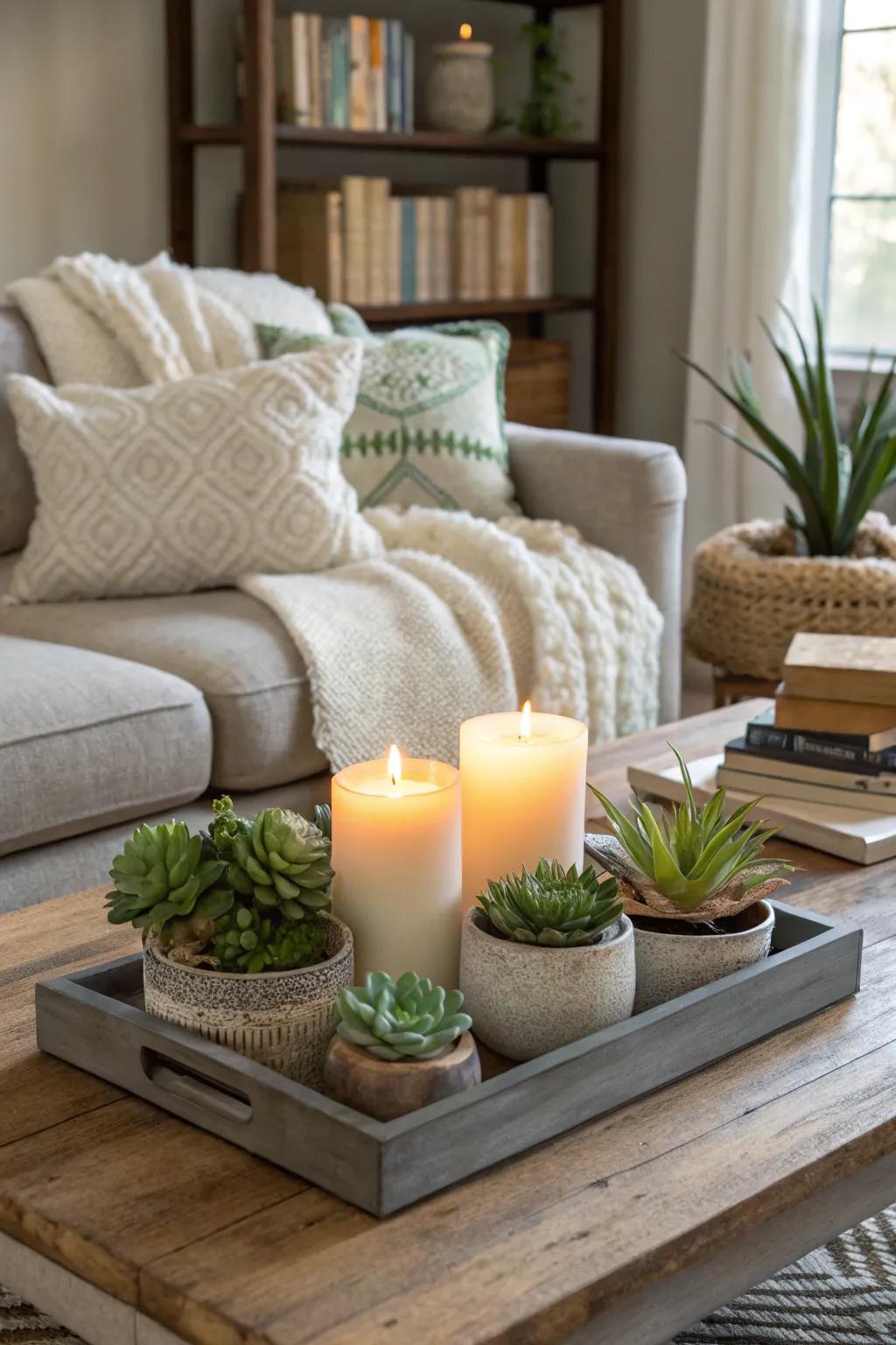 A fleshy plant and taper centerpiece upon a coffee table.