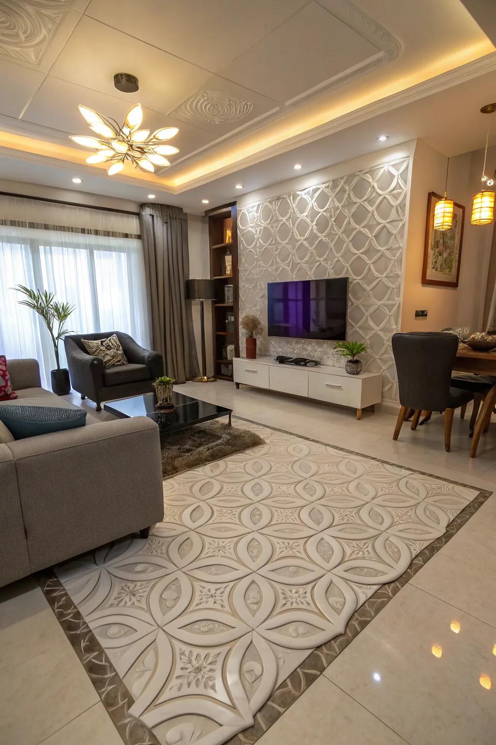 Modern living room featuring striking 3D tiles.