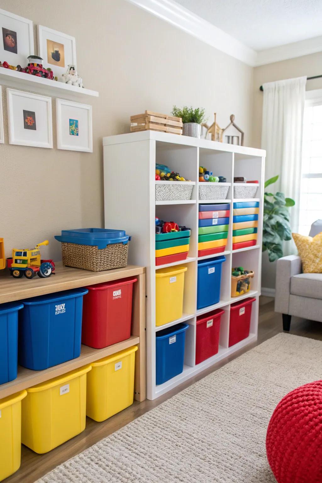 Color-coded bins make arrangement easy and fun for kids.