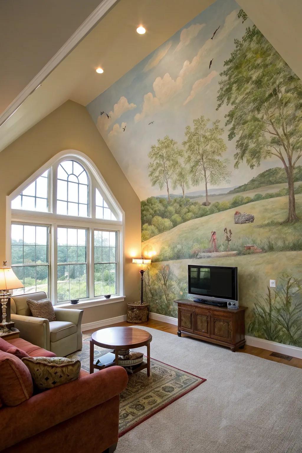 Wall graphics generate significant visual interest in a vaulted room.