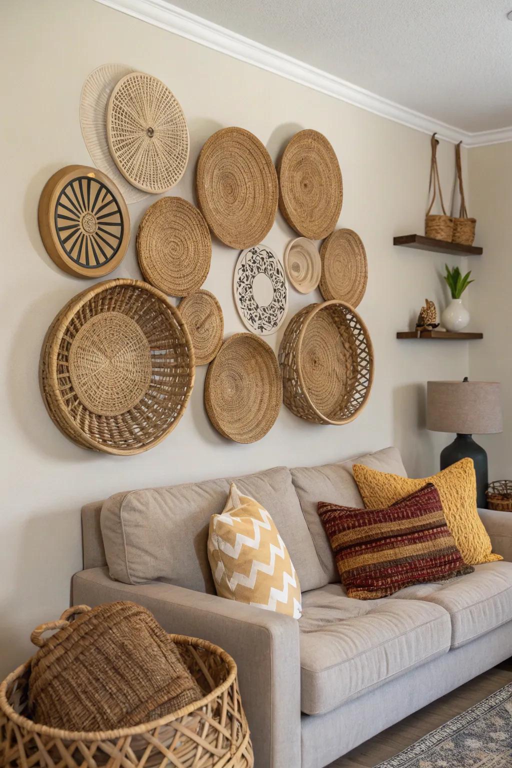 Woven baskets contribute texture and intrigue to the wall.