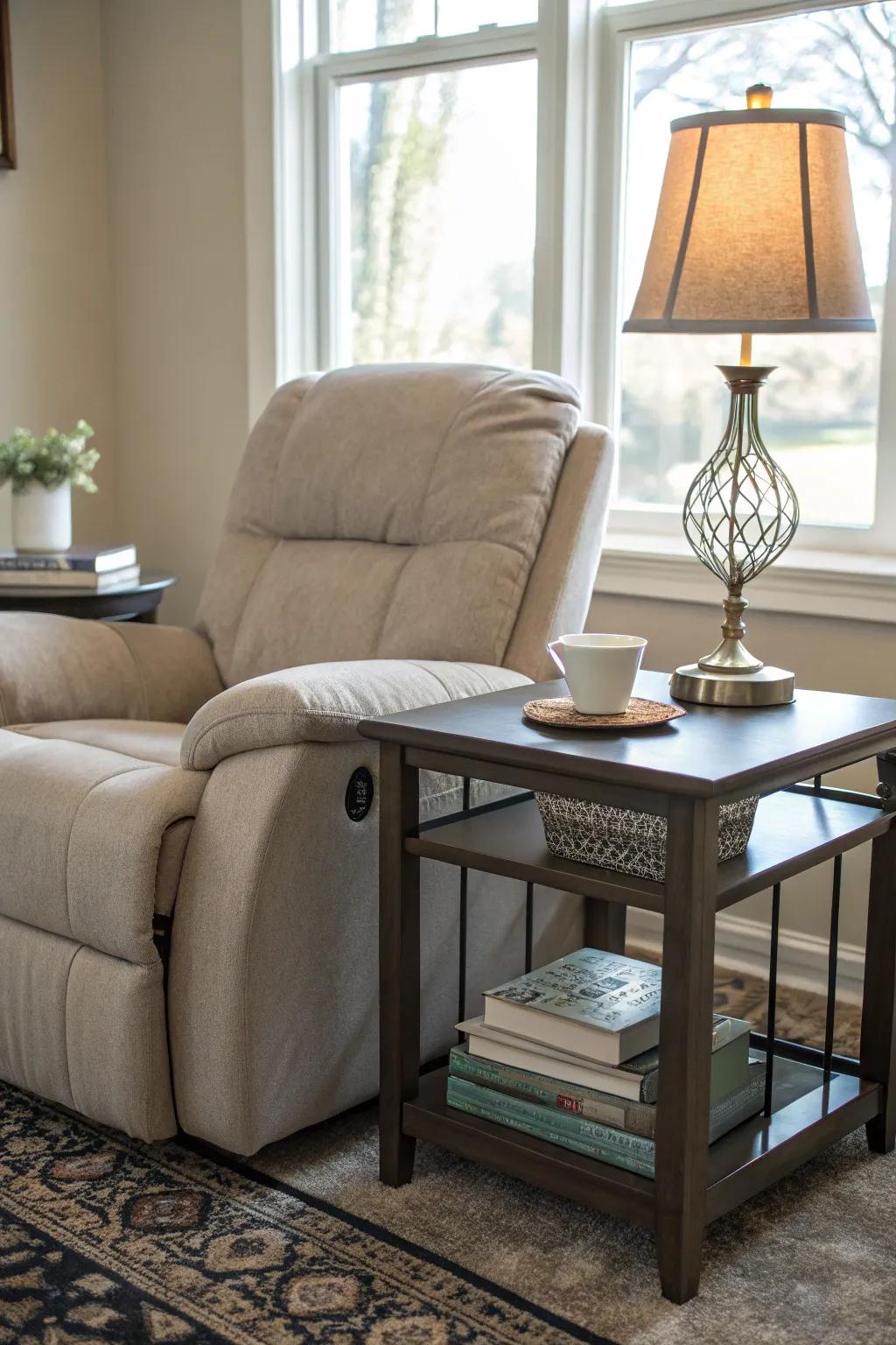 A useful and fashionable arrangement featuring a recliner and side table.