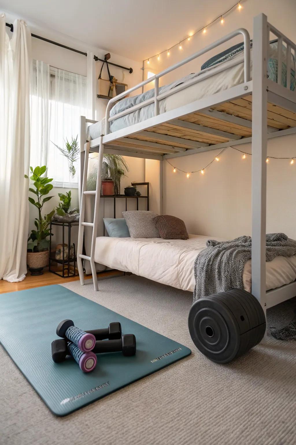 A high sleeper with a dedicated area for fitness activities.