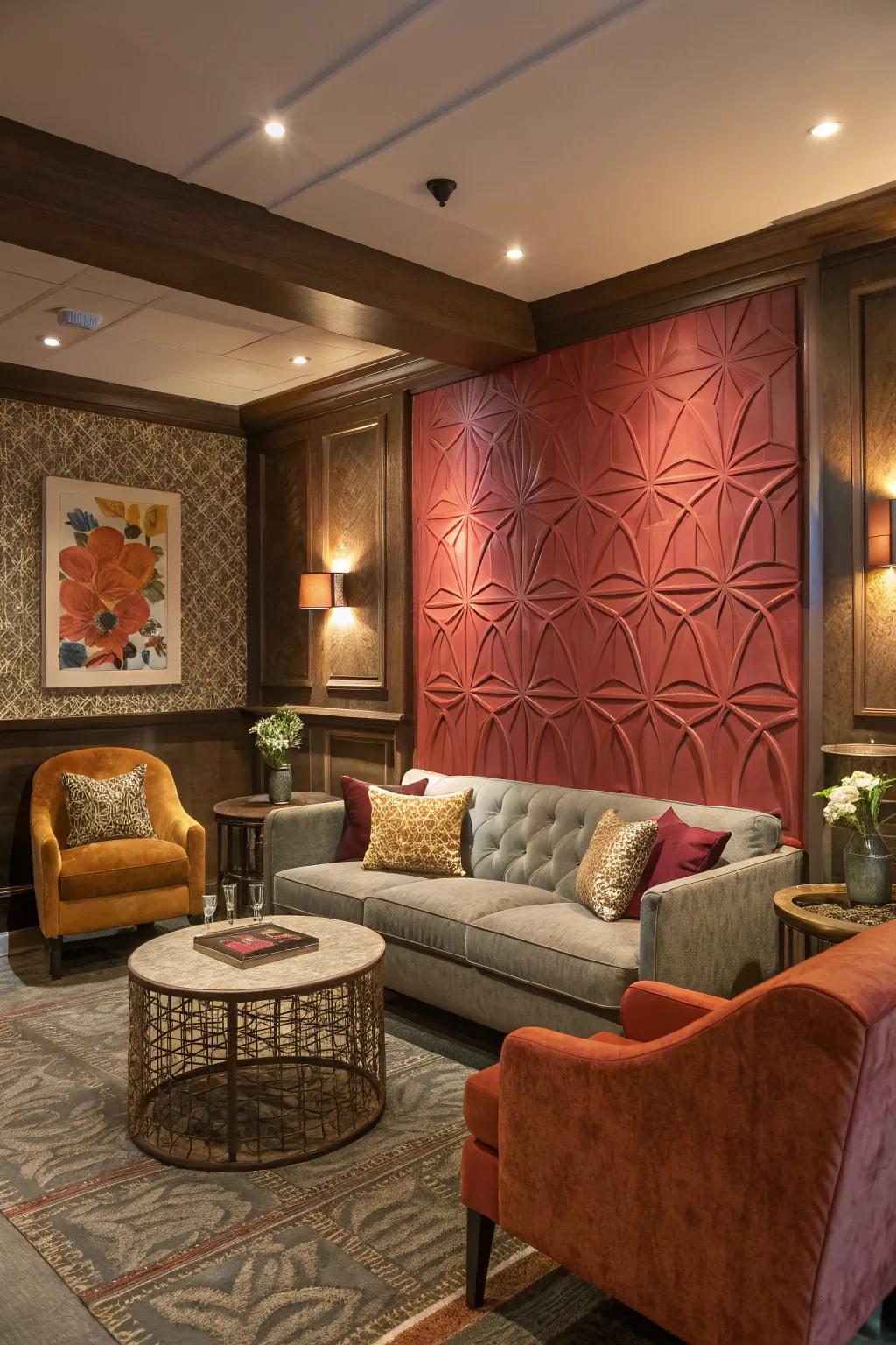 A statement wall adds dimension and a striking focal point to the living room.