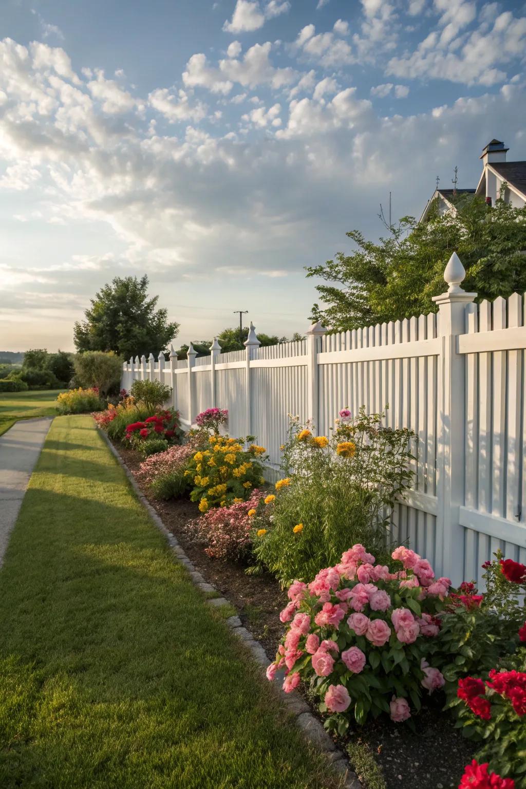 A vinyl picket fence offers a classic design with minimal upkeep.