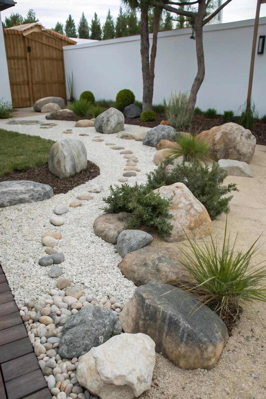 A rock garden provides a striking and low-maintenance landscape feature.