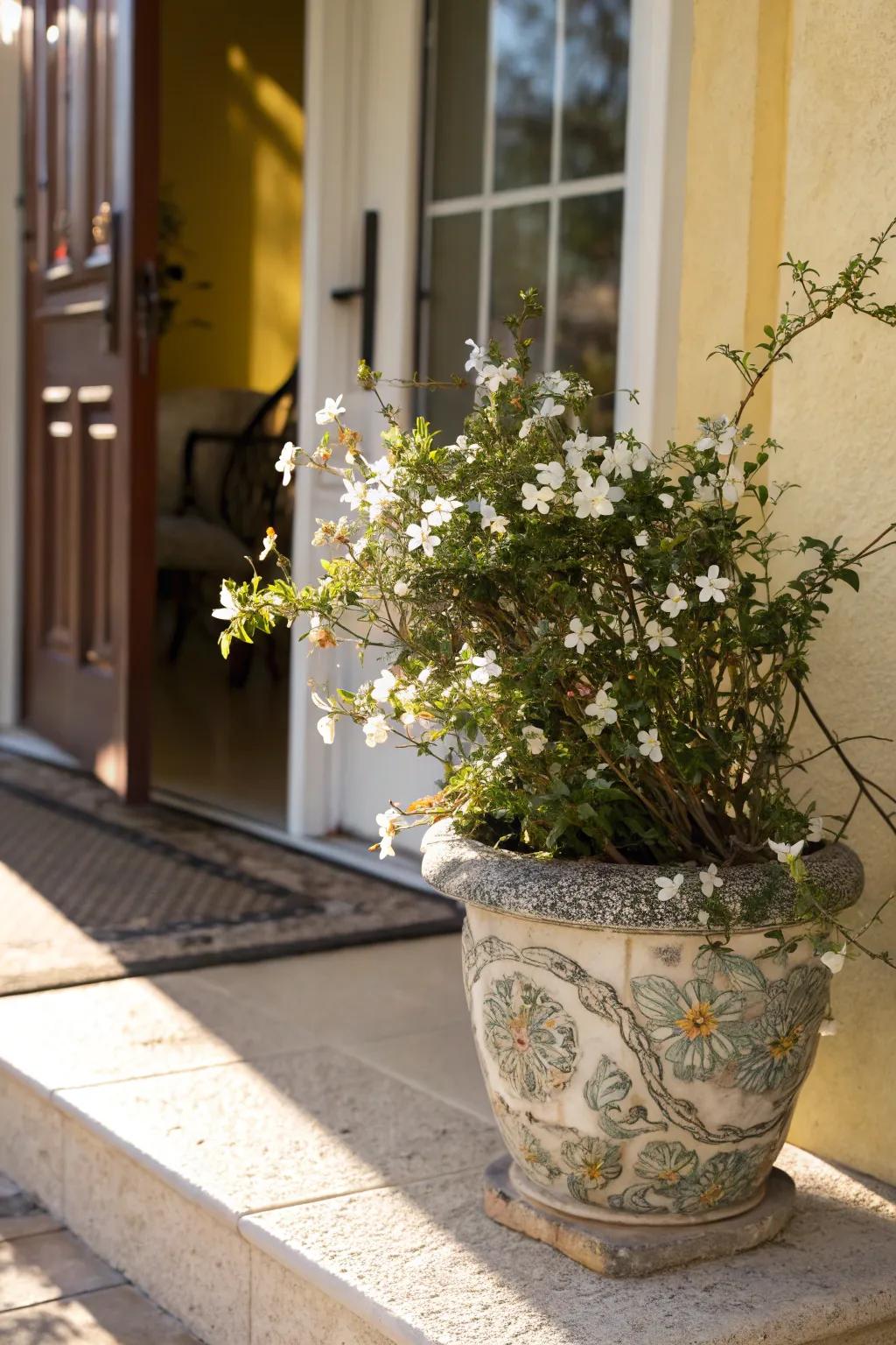 Snow Jasmine offering a fragrant greeting in full sunlight. <strong><em>The plant’s fragrance is simply delightful.</em></strong>” loading=”lazy” class=”pimg”>
	</picture><figcaption>Snow Jasmine offering a fragrant greeting in full sunlight. <strong><em>The plant’s fragrance is simply delightful.</em></strong></figcaption></figure>
<p>Snow Jasmine brings a fragrant greeting with its delightful blooms in sunlit spots. It thrives with little care, making it ideal for entryways, creating a welcoming and inviting atmosphere. <strong><em>Its fragrant presence is truly captivating.</em></strong></p>
<h3>Useful items to consider:</h3>
<ul class=