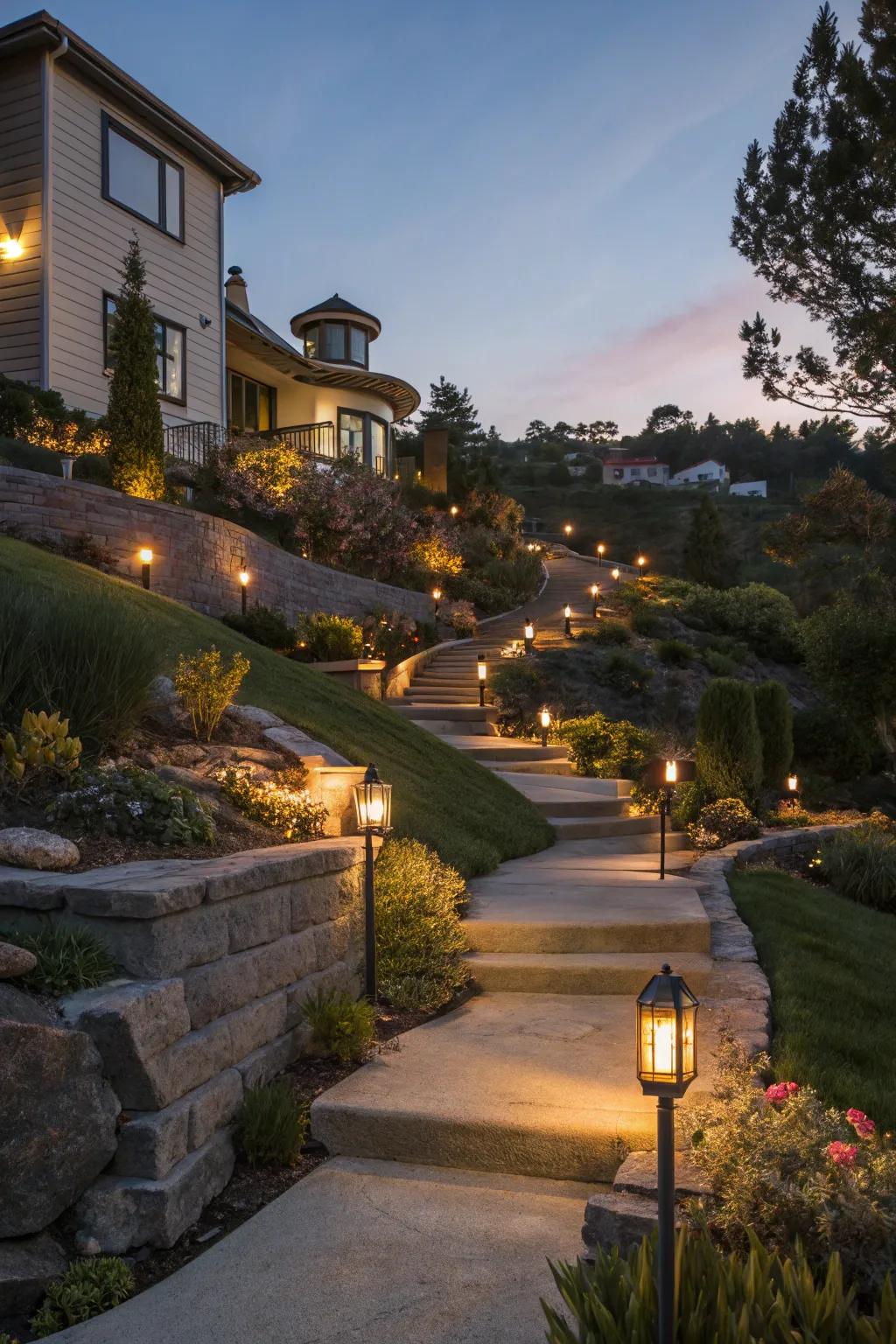 Solar lights make sloping yards safer and more enjoyable.