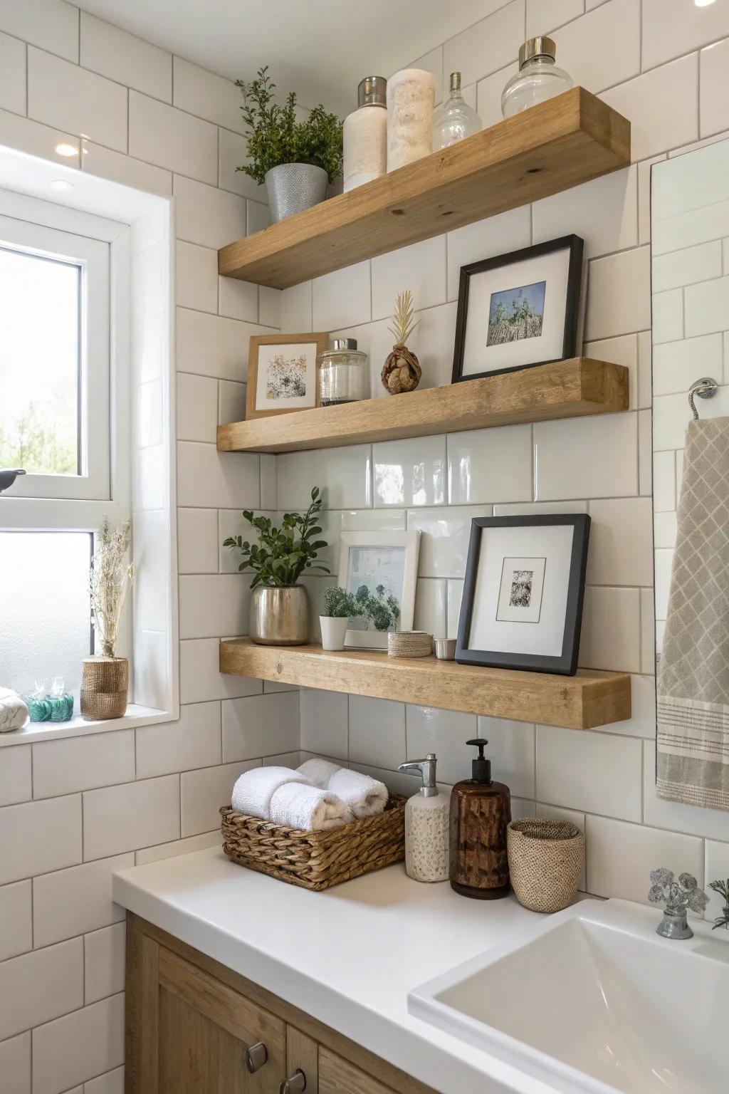 Floating shelves offering modern storage in a bathroom.