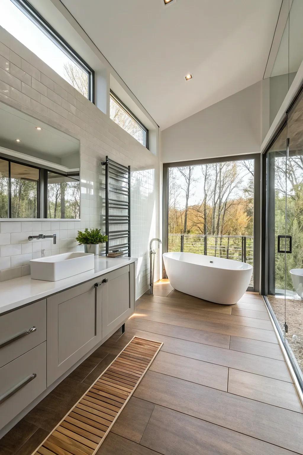 A modern bathroom featuring the comfort of warmed floors.