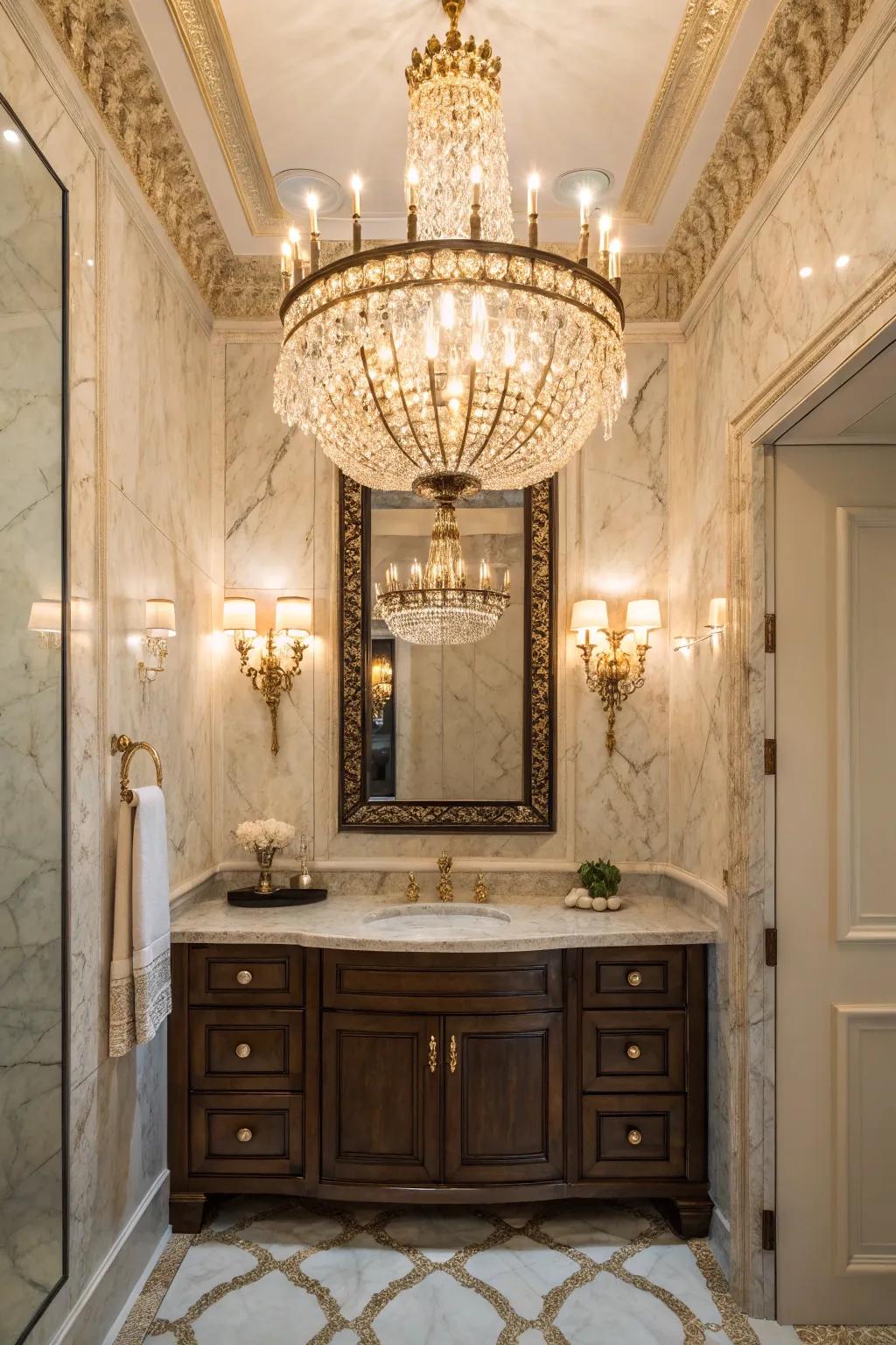 Remarkable lighting transforms this powder room into a captivating space.