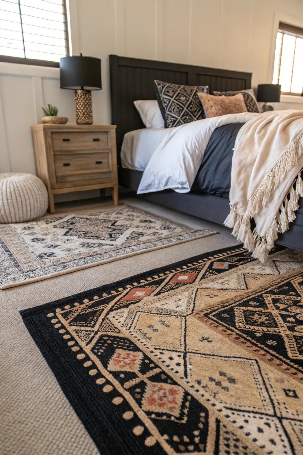 Layered rugs introduce texture and comfort to this stylish onyx bedroom.