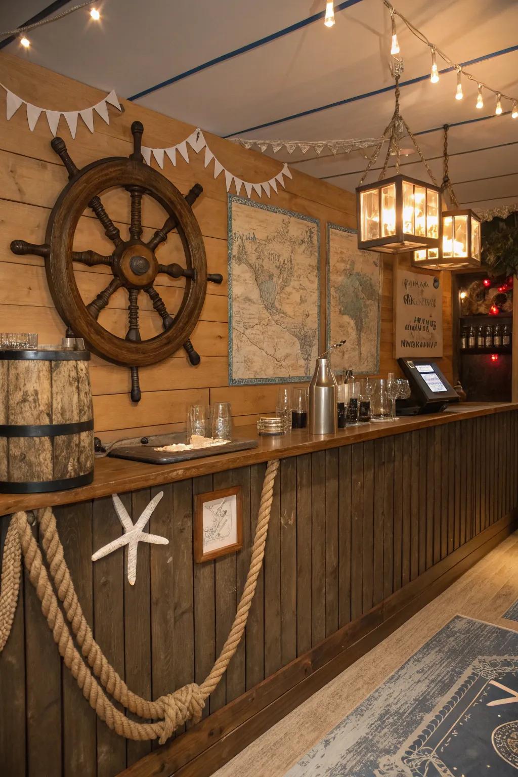 Embark on a voyage with a maritime theme in your man cave.